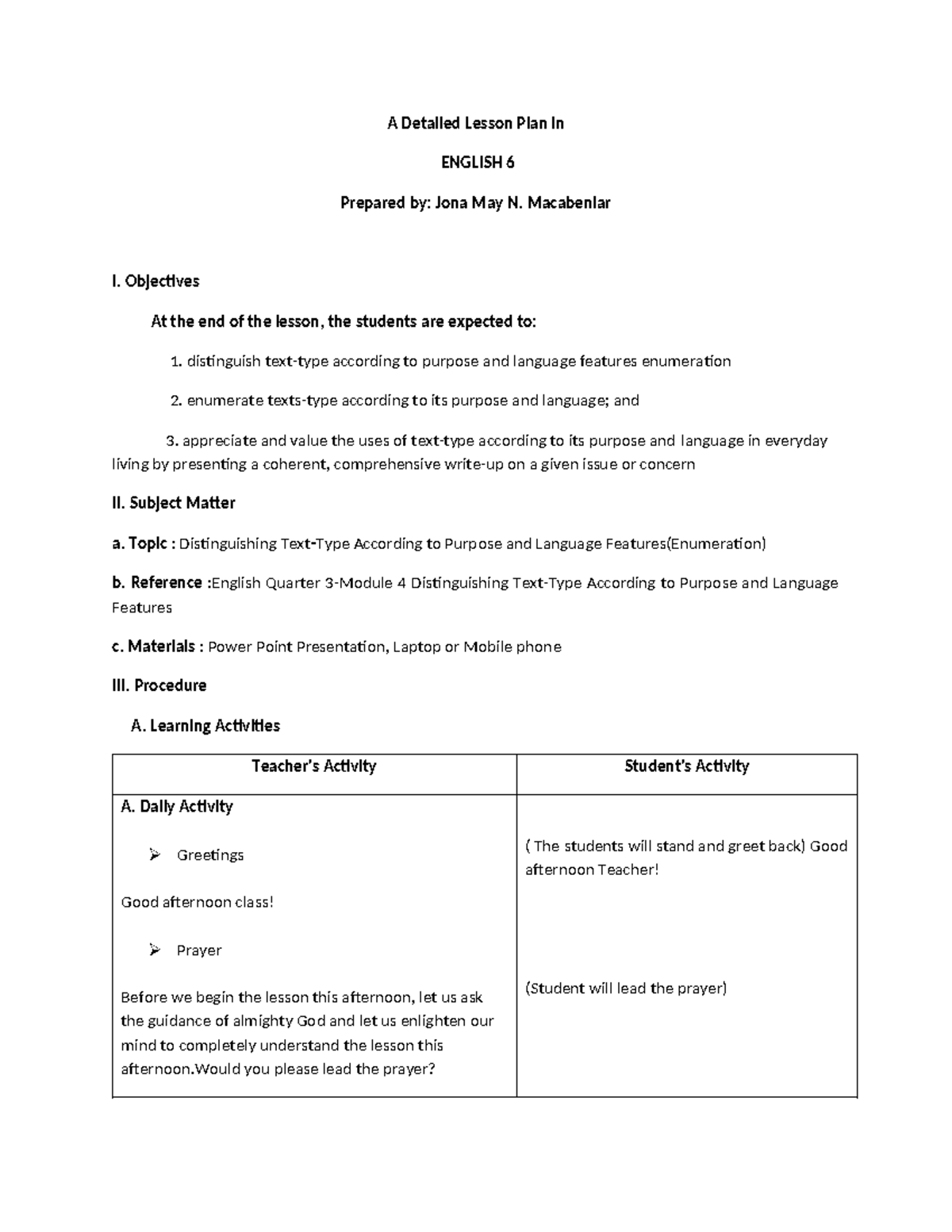 Lessonplan English 6 Final - A Detailed Lesson Plan in ENGLISH 6 ...