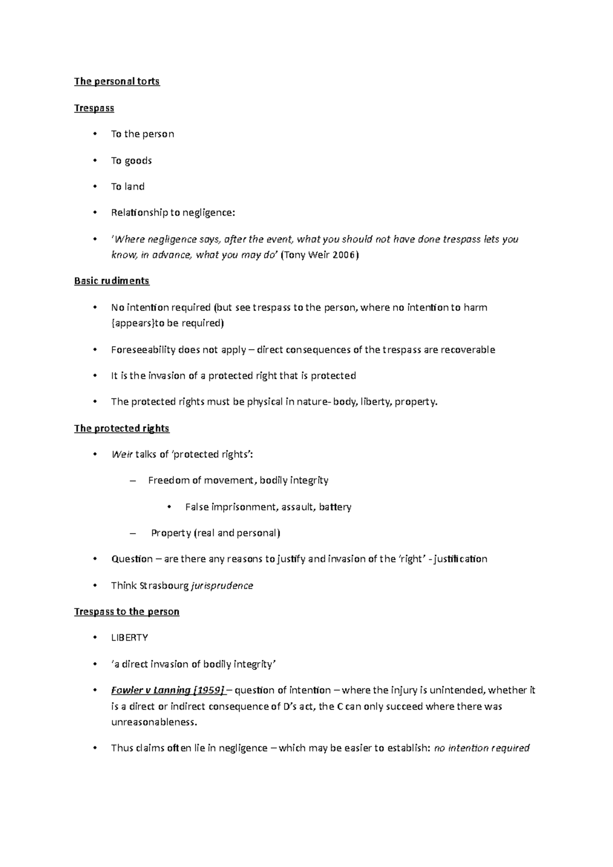 Tort law - personal torts - The personal torts Trespass - To the person ...