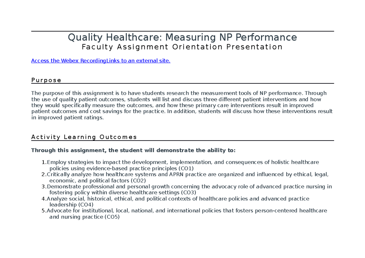 Quality Healthcare- Measuring NP Performance - P u r p o s e The ...