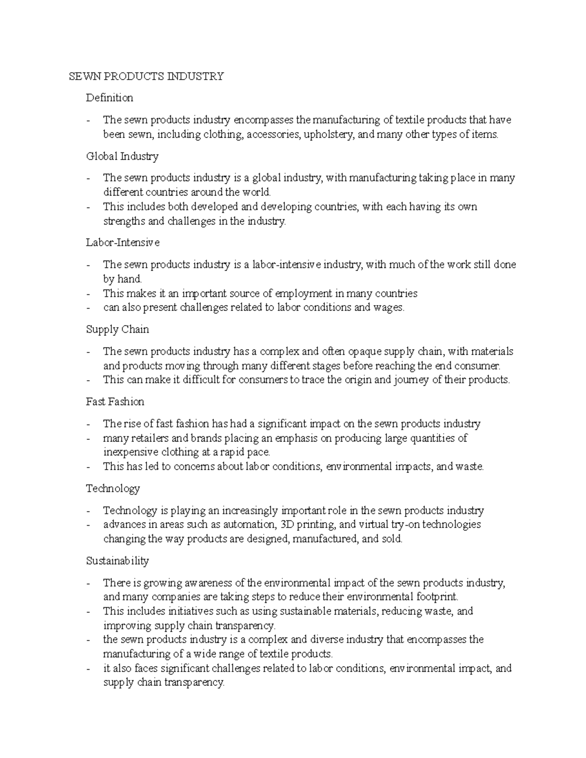 SEWN Products Industry Notes 1 SEWN PRODUCTS INDUSTRY Definition The