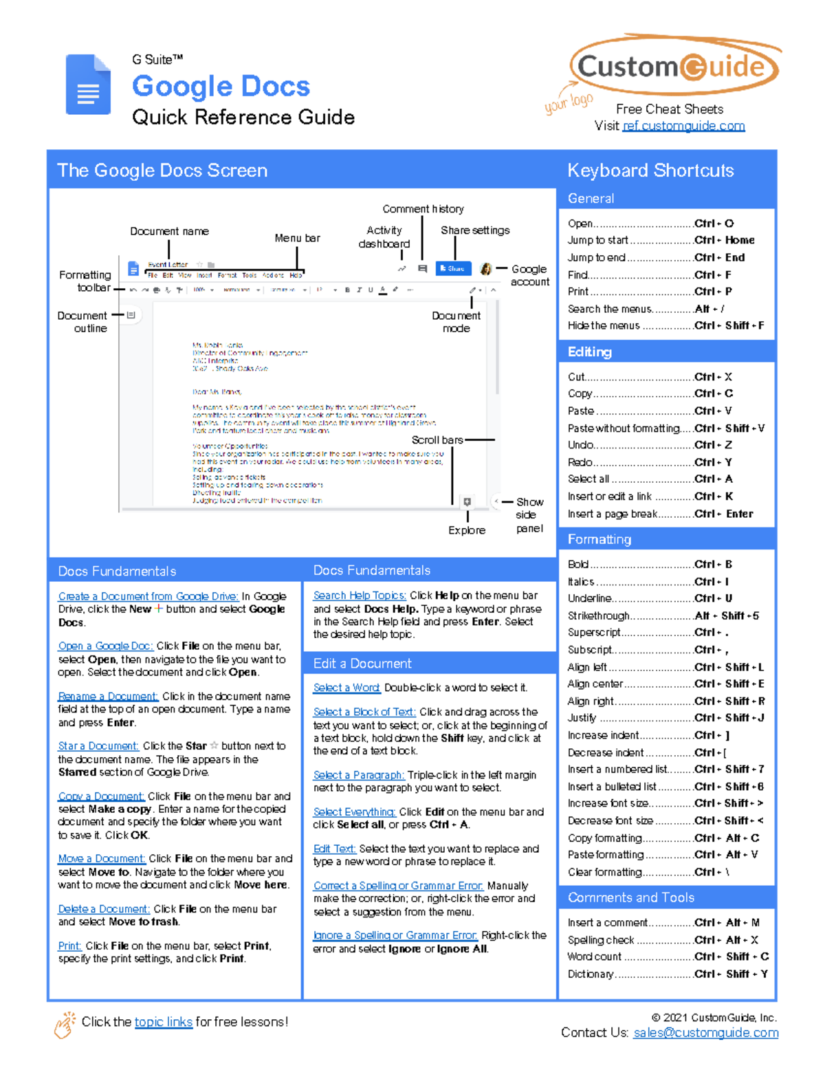 Google Docs Quick Reference - Click The Topic Links For Free Lessons ...