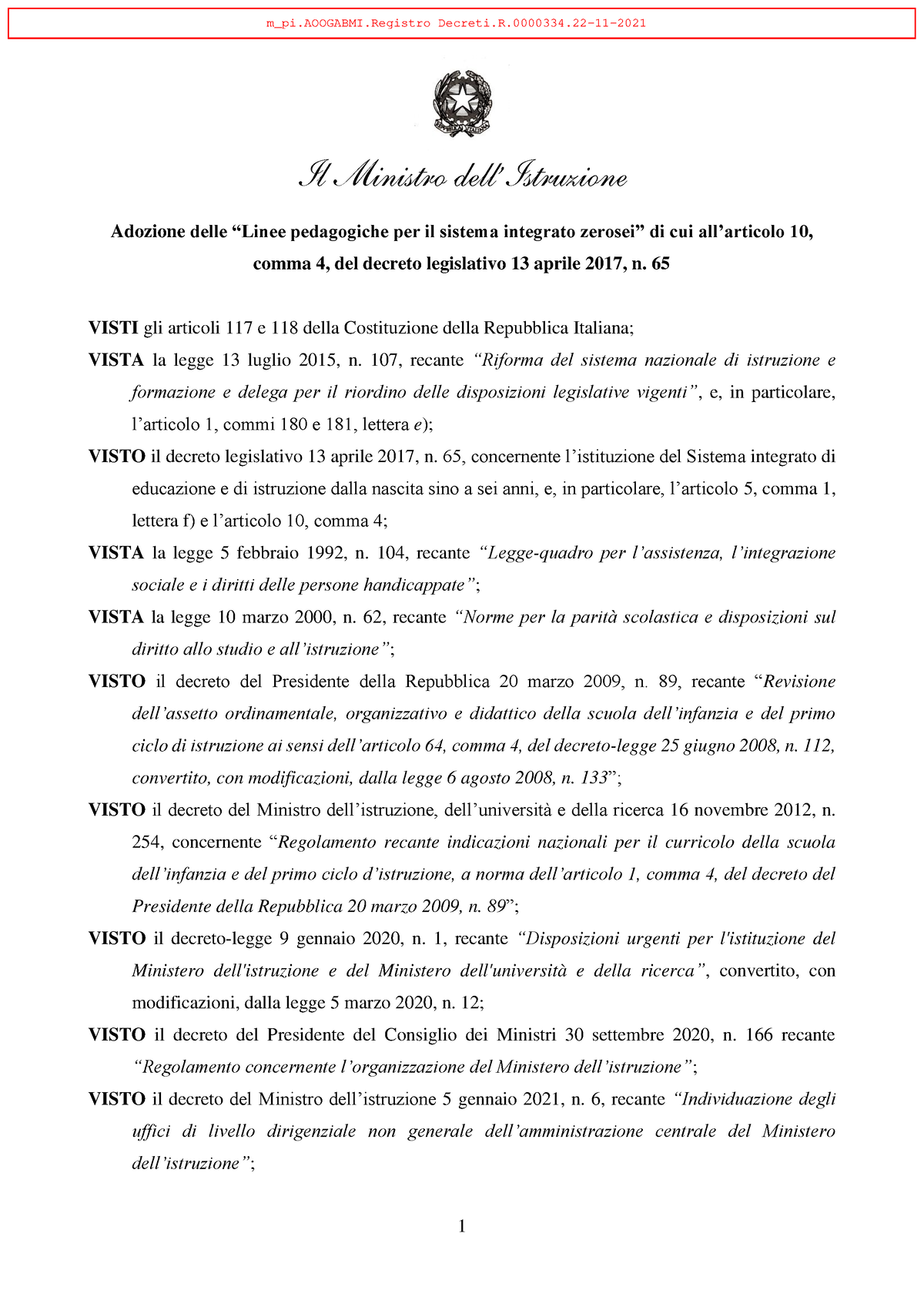 Decreto Ministeriale N. 334 Del 22 Novembre 2021 - Il Ministro Dell ...