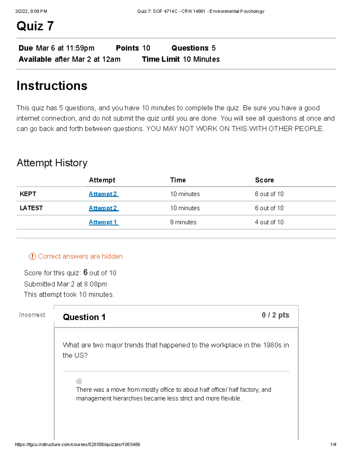 Quiz 7 SOP 4714C - CRN 14861 - Environmental Psychology 1 - Quiz 7 Due ...