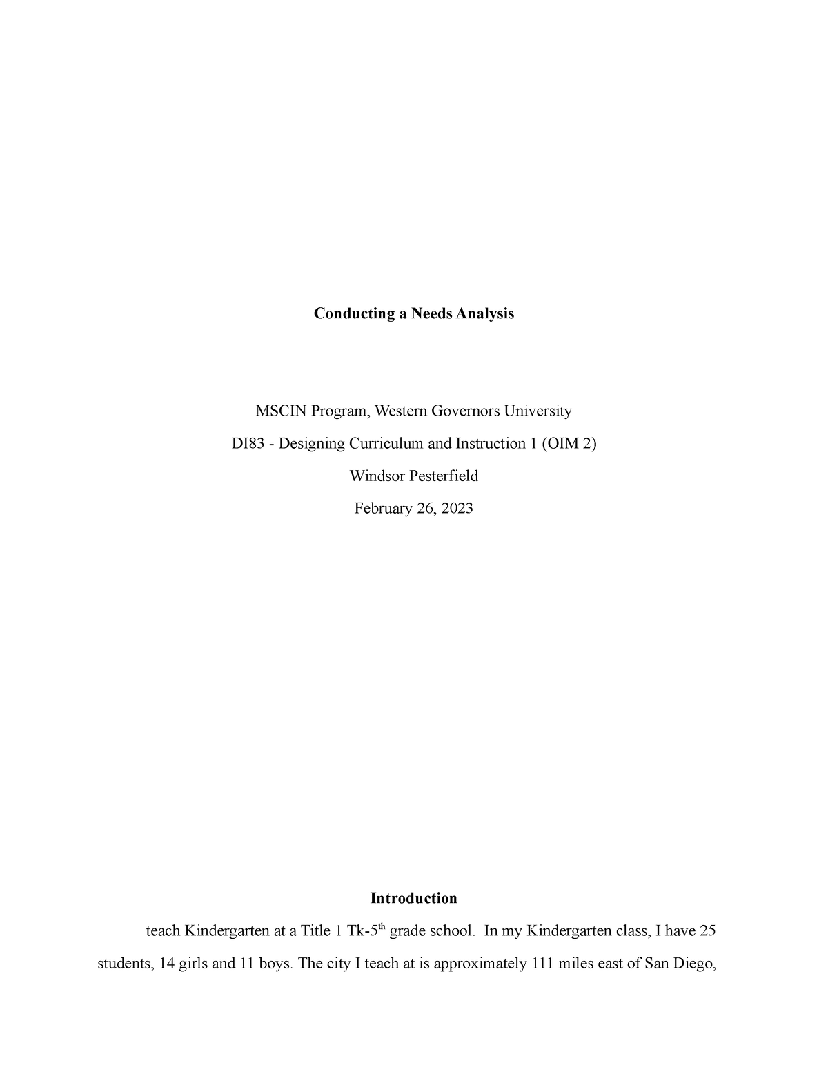 D183 Task 1 - Conducting a Needs Analysis - Conducting a Needs Analysis ...