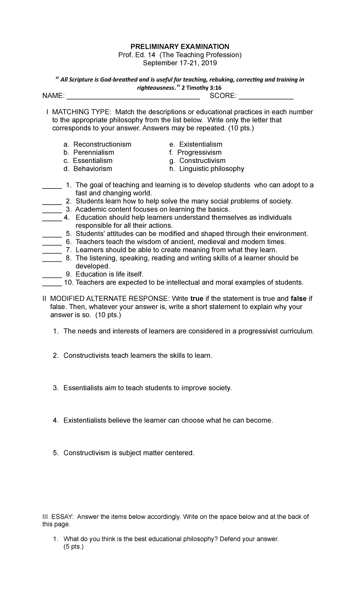 Profed 14 prelims - professional education - PRELIMINARY EXAMINATION ...