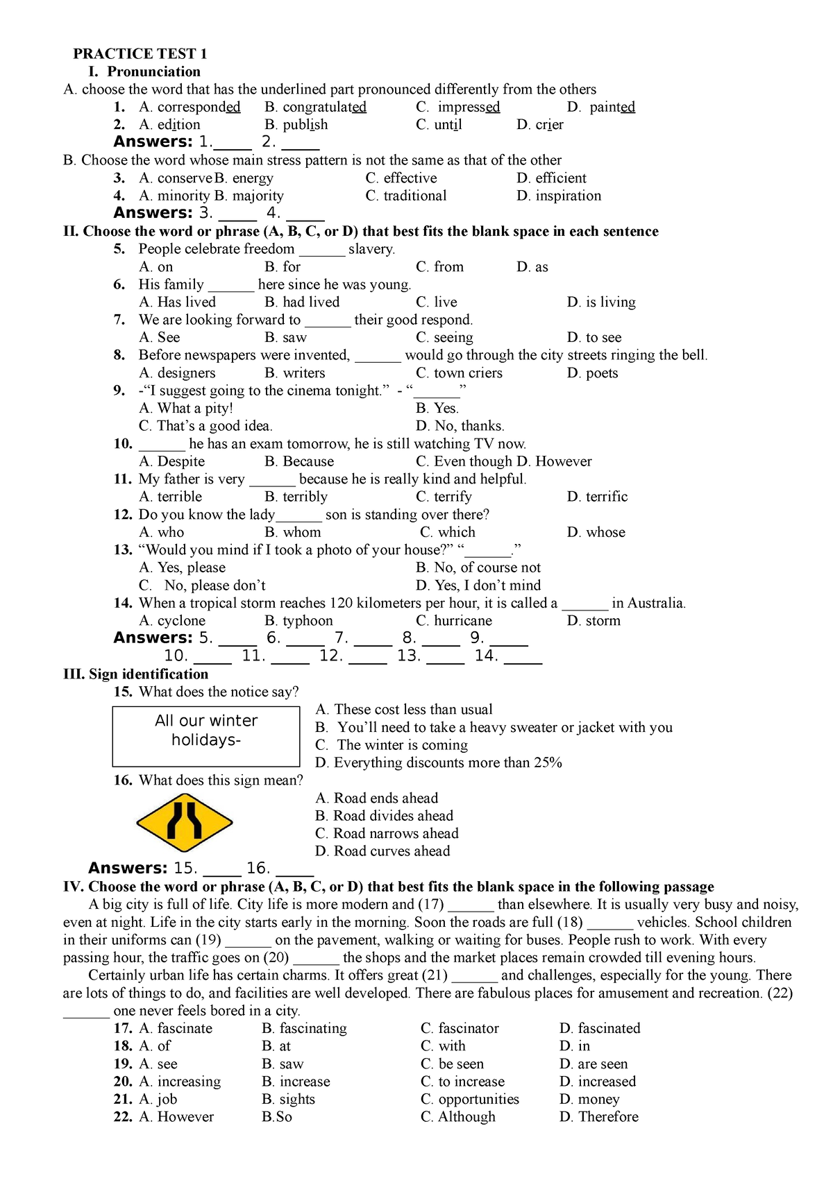 Practice TEST 1 - Skssksk - PRACTICE TEST 1 I. Pronunciation A. Choose ...