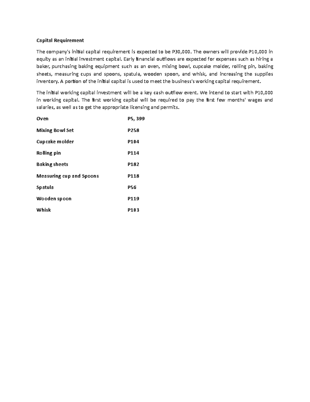 Capital Requirement for business Plan Capital Requirement The company