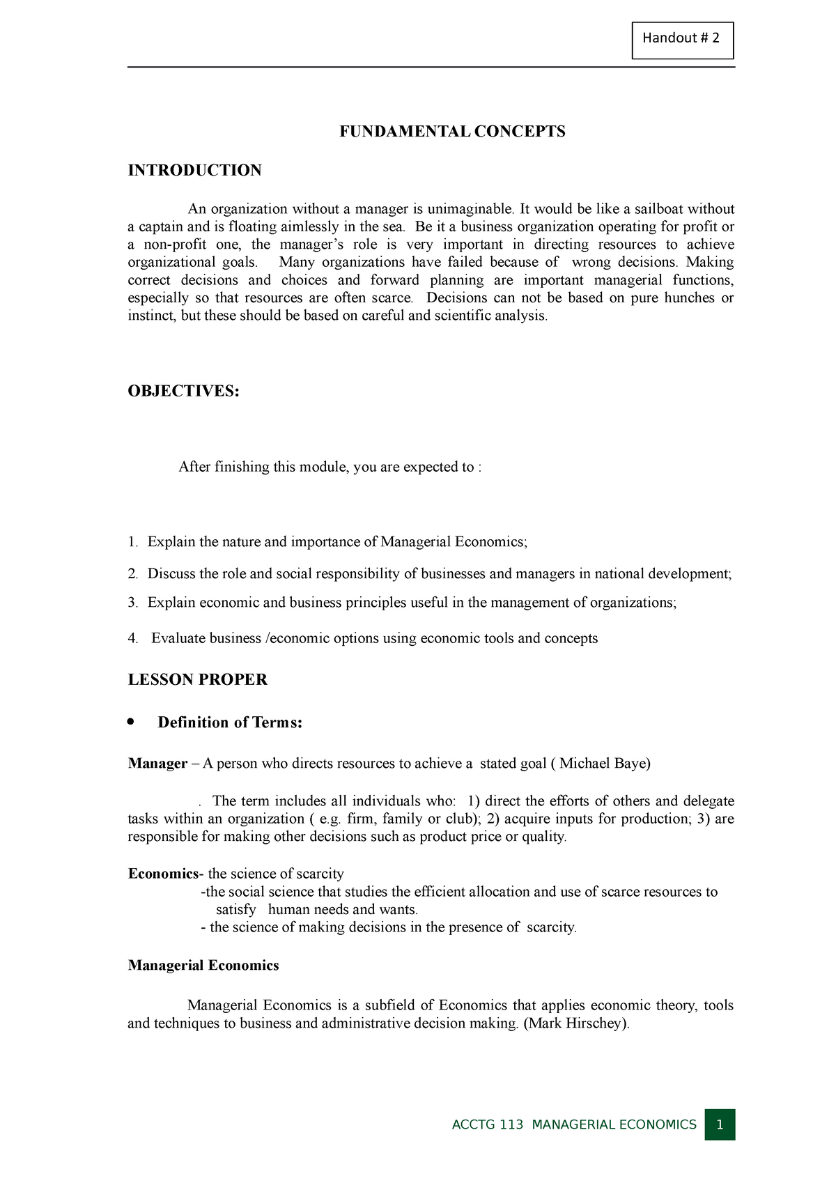 Handout-2 Intro-to-Managerial-Economics - FUNDAMENTAL CONCEPTS ...