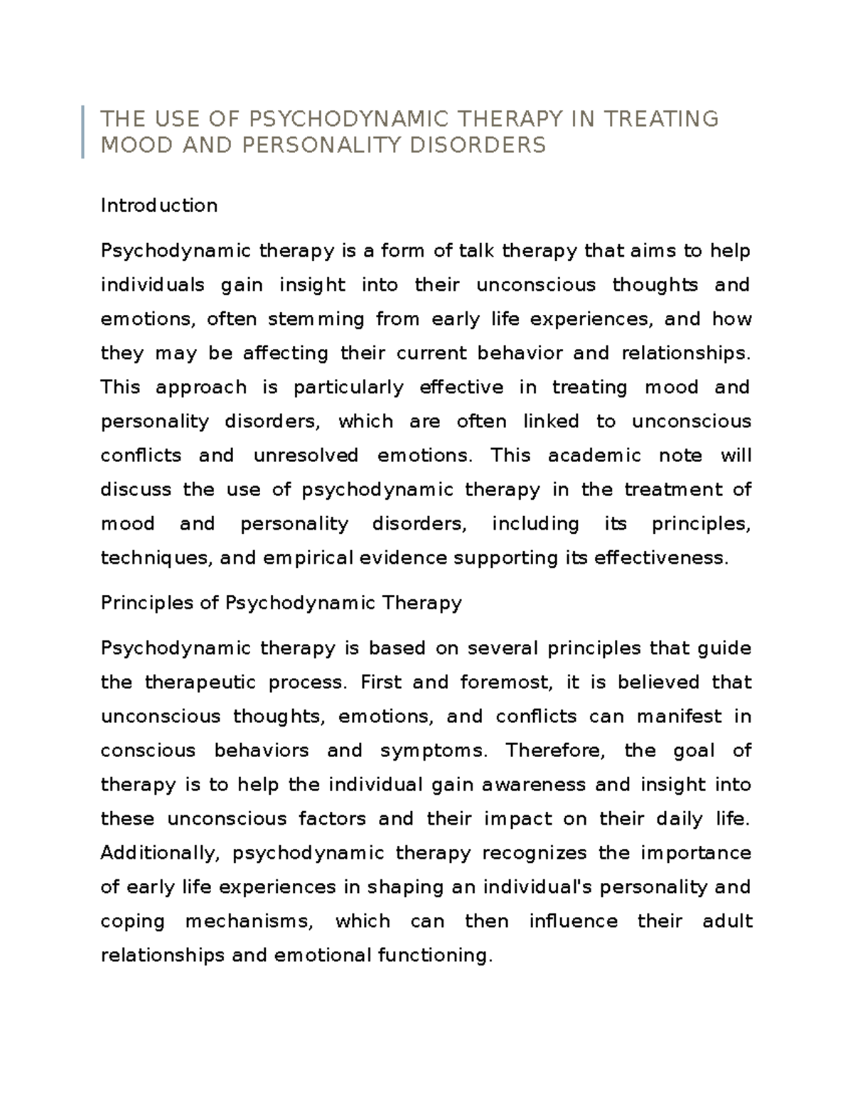 The Use of Psychodynamic Therapy in Treating Mood and Personality ...