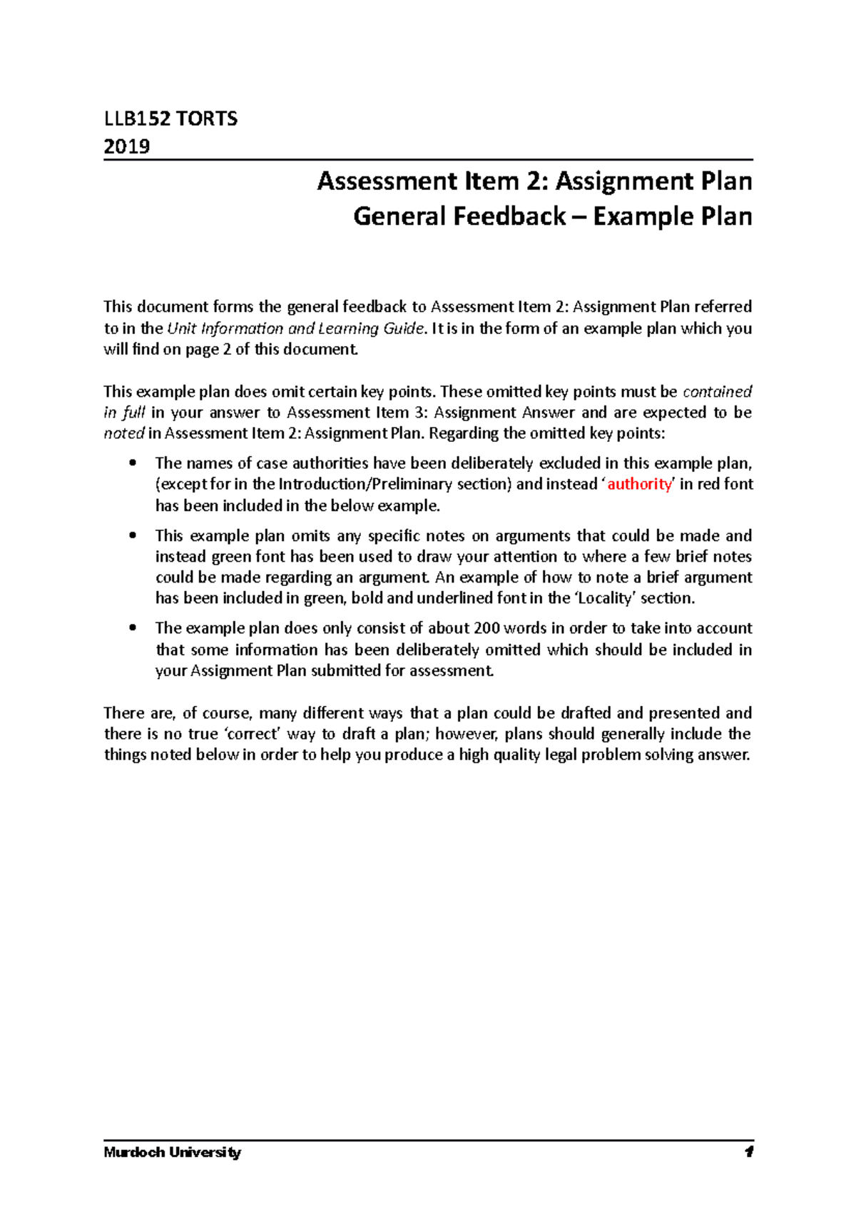 19S2 LLB152 Assignment Plan - General Feedback, Example Plan - LLB152 ...