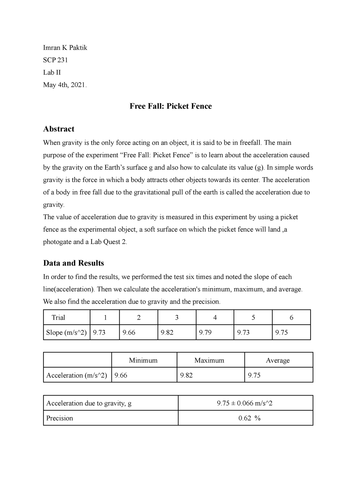 Free fall experiment lab report