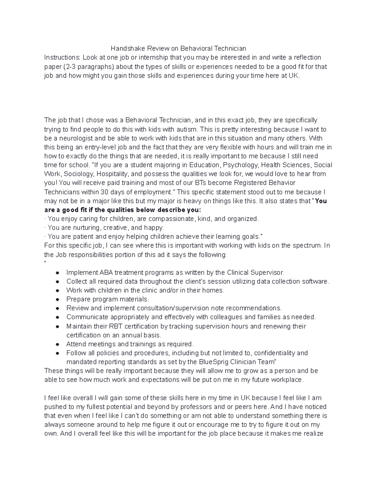UK 101 Handshake Assignment Handshake Review on Behavioral Technician