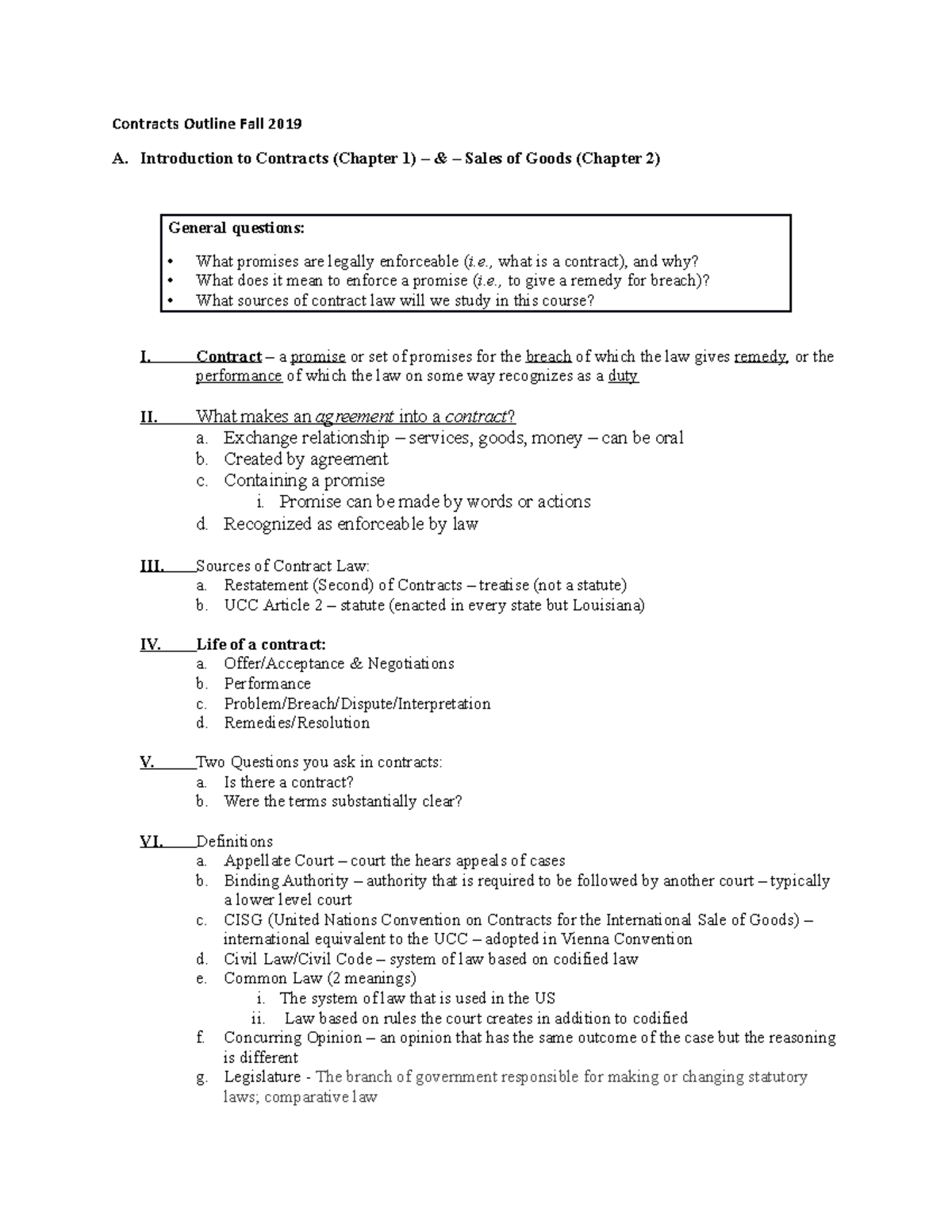 Lipton Contracts Outline Fall 2019 - Contracts Outline Fall 2019 A ...