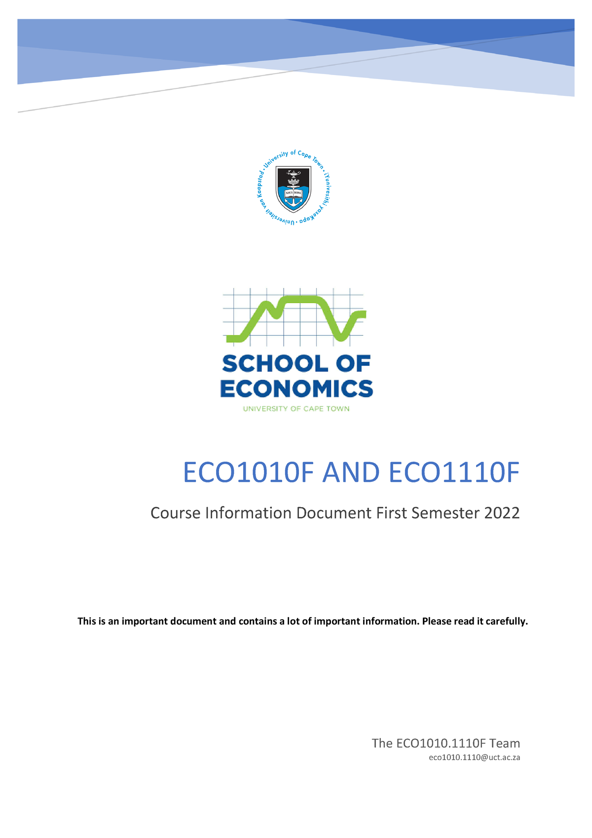 Economics Course Info ECO1010F AND ECO1110F Course Information