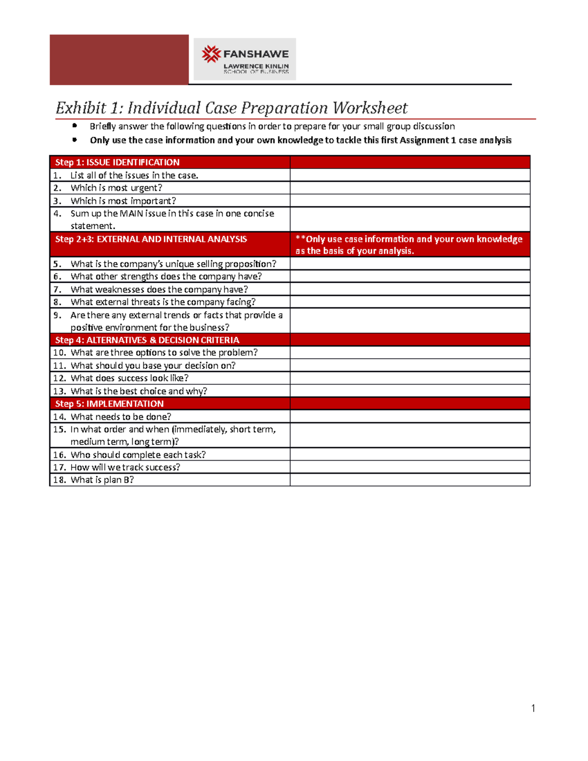 group case study individual preparation chart