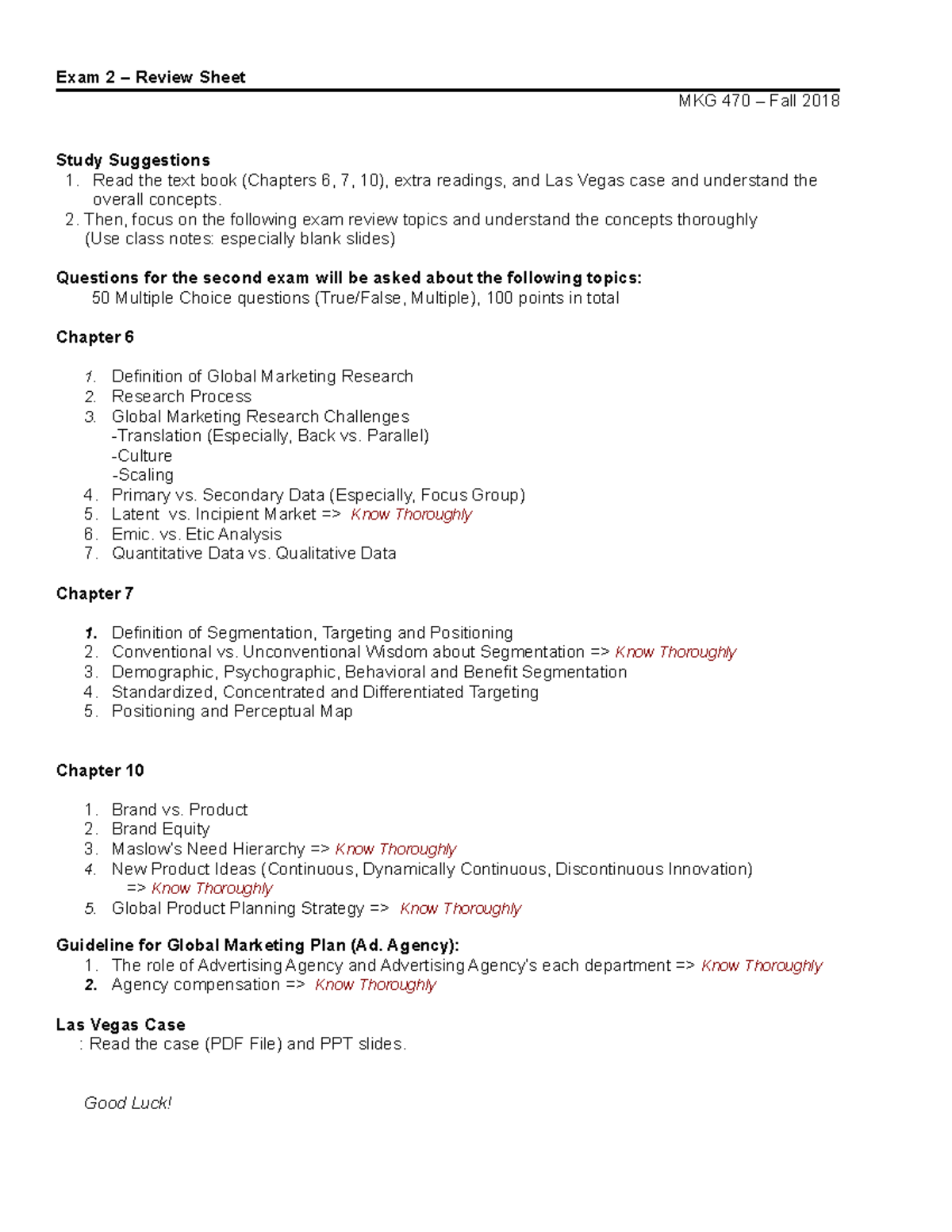Exam 2 Review - Exam 2 Review Sheet MKG 470 Fall 2018 Study Suggestions ...