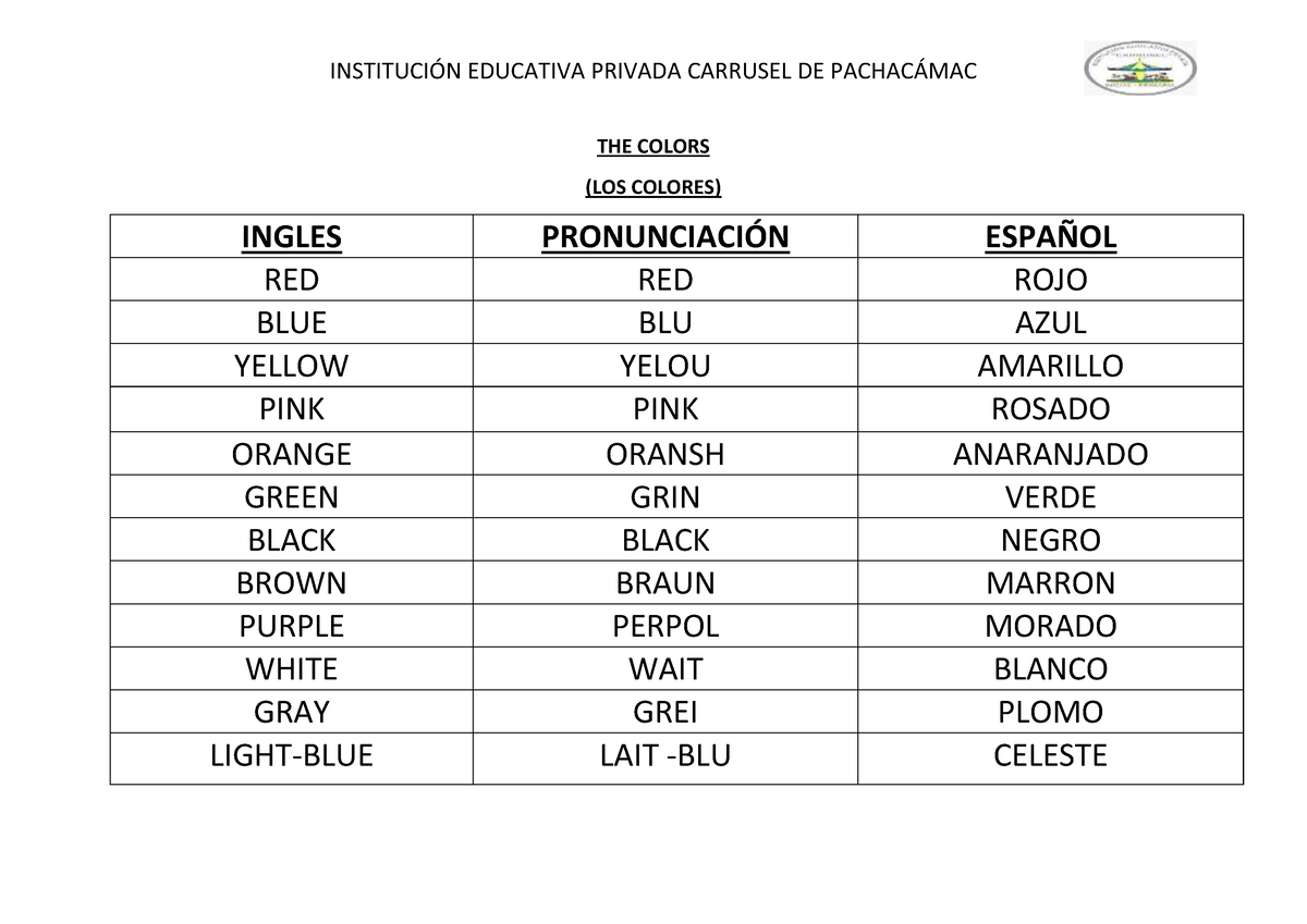 Inglés Modulo 04 ( 1ER Grado) - THE COLORS (LOS COLORES) INGLES ...