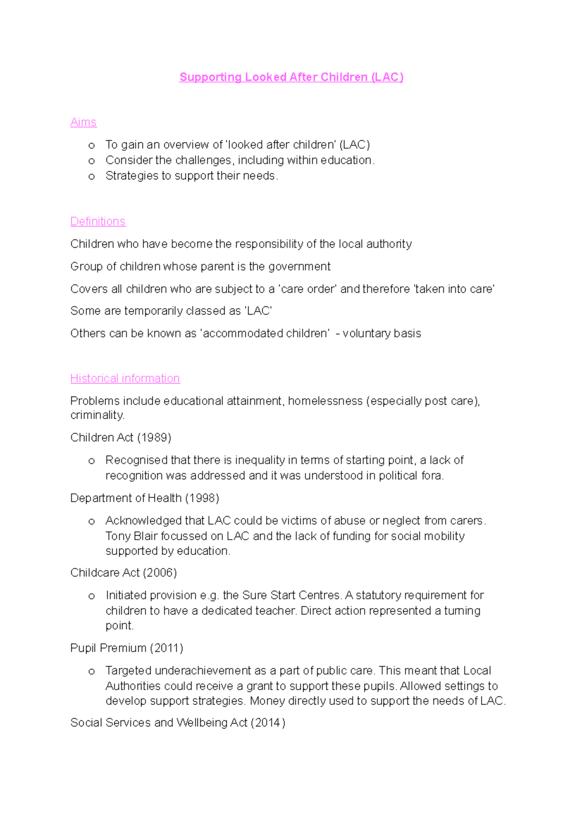 Lecture 5- LAC - Supporting Looked After Children (LAC) Aims o To gain ...