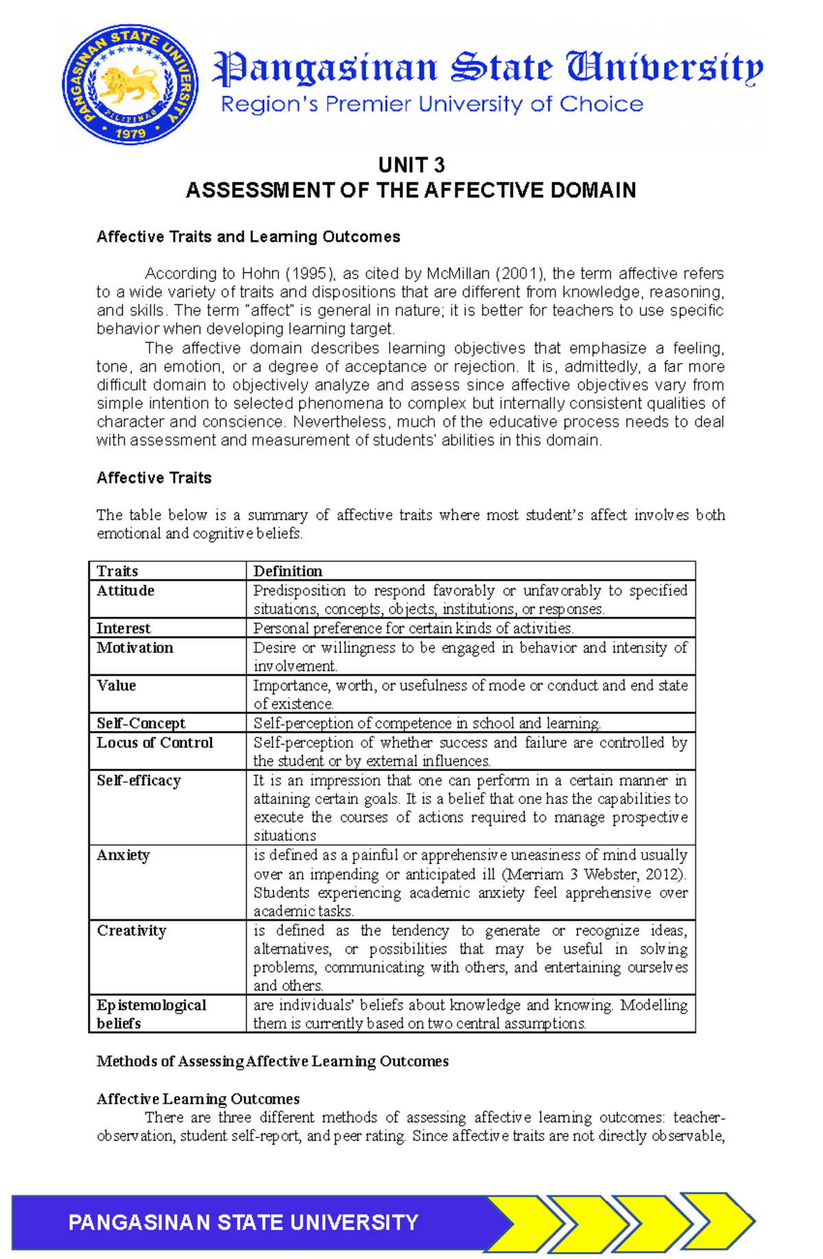 UNIT 3 Handouts - HAND OUTS ABOUT ASSESSMENT IN LEARNING 2 - UNIT 3 ...