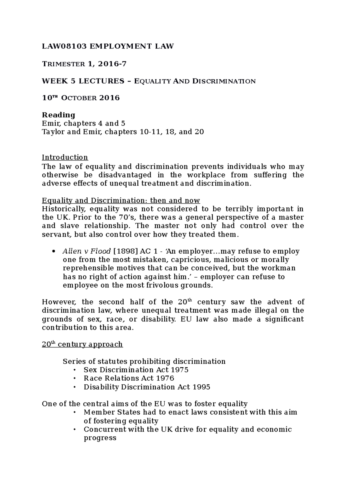 L3 Equality and Discrimination - LAW08103 EMPLOYMENT LAW TRIMESTER 1 ...