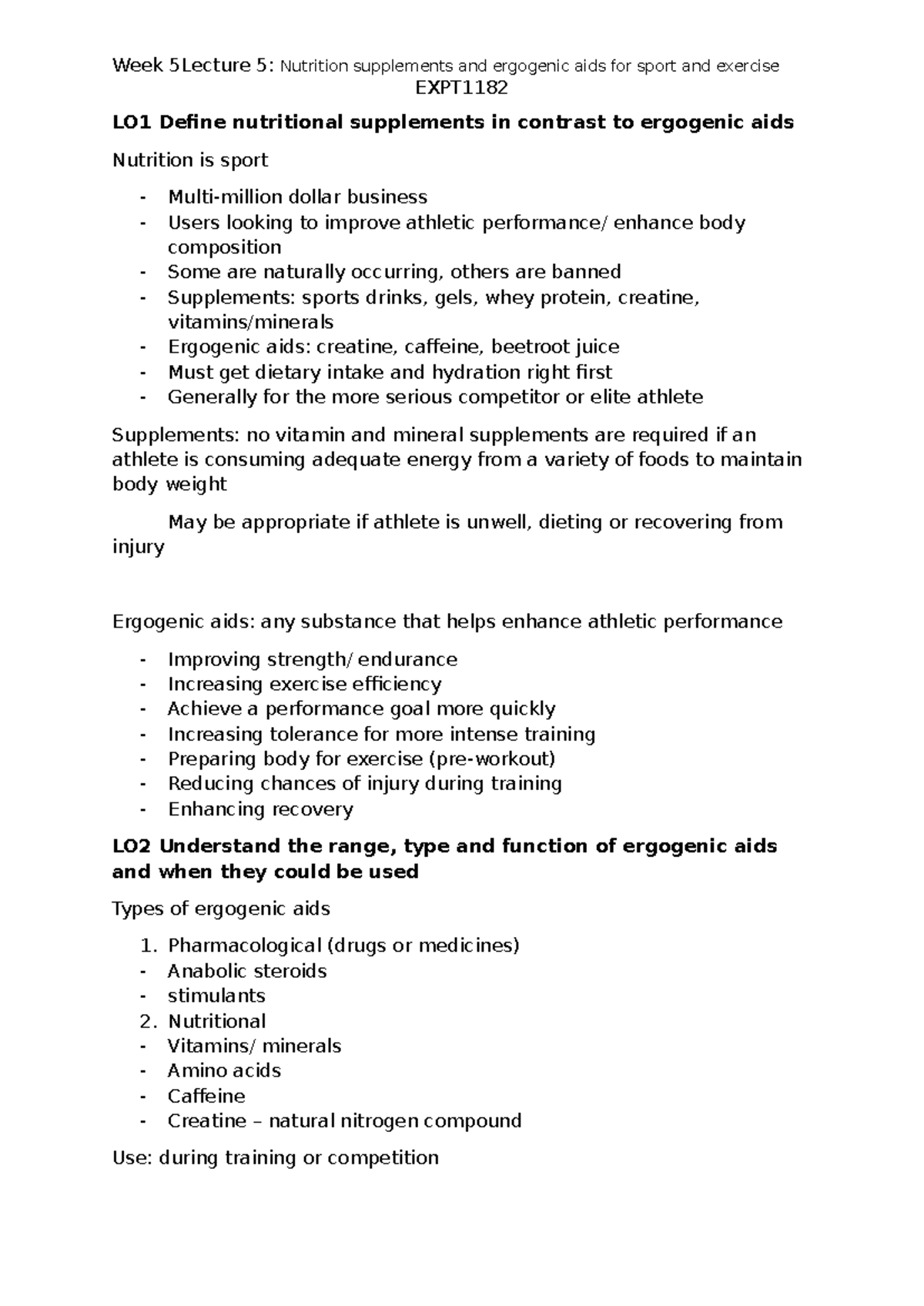 Lecture 5 Nutrition supplements and ergogenic aids for sport and