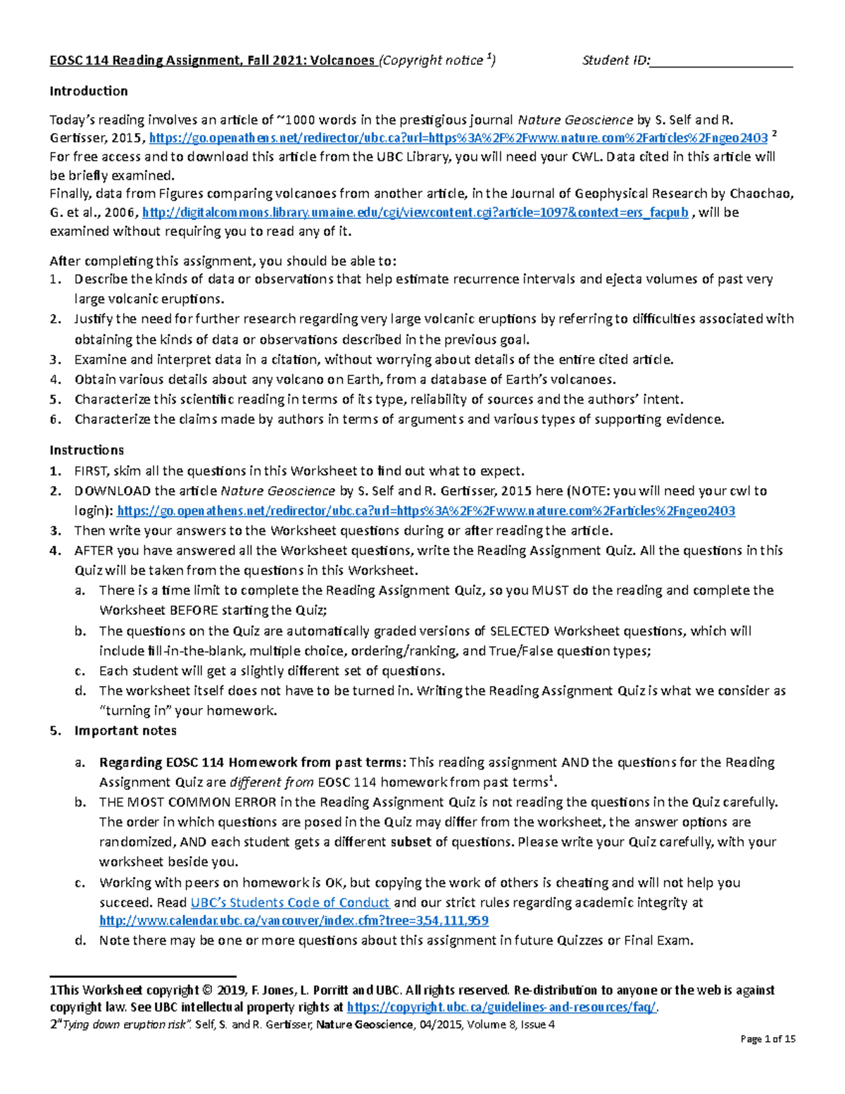 EOSC114 VO Reading Assignment-Fall2021 - EOSC 114 Reading Assignment ...