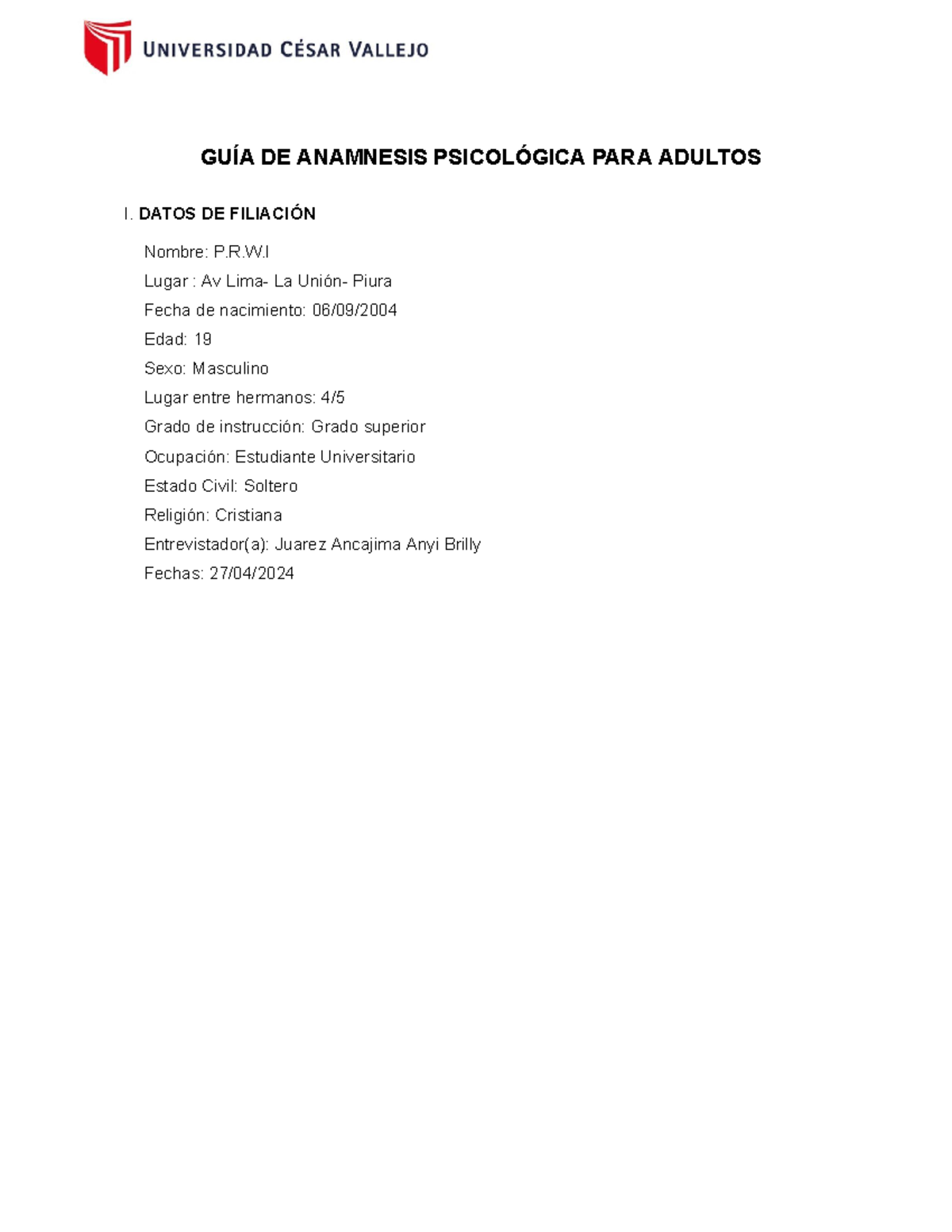 11 GuÍa De Anamnesis Psicológica Adultos GuÍa De Anamnesis PsicolÓgica Para Adultos I Datos 5369