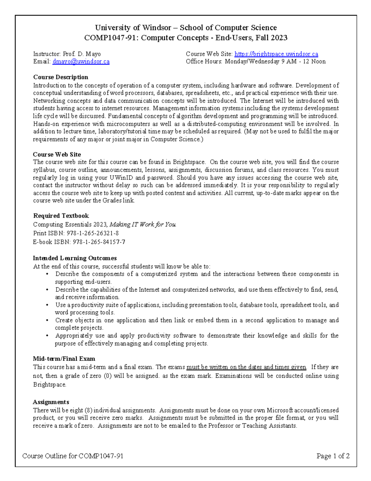 Course Outline - Summary Computer Concepts for End Users - Course ...