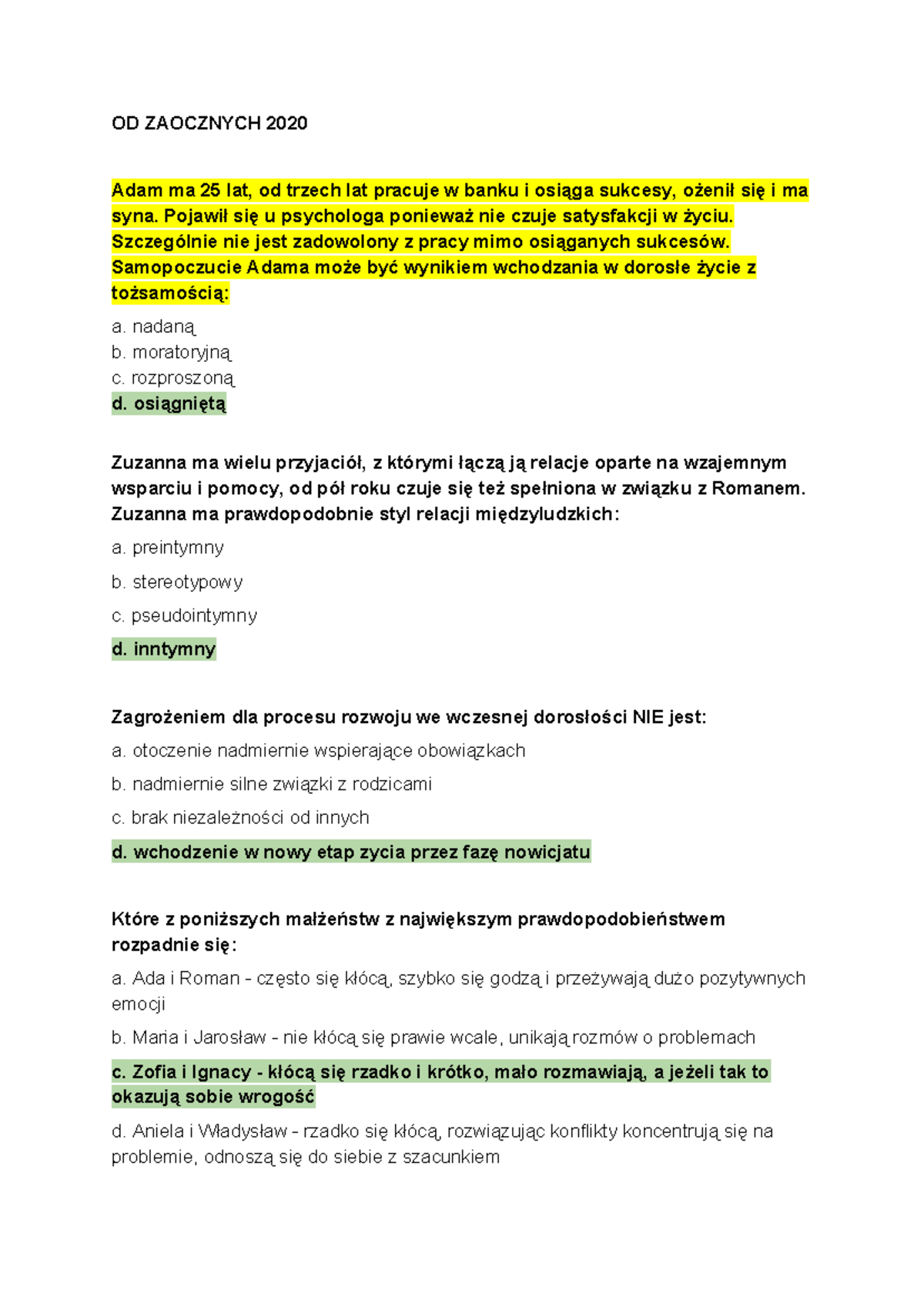 Doradztwo-2020 - przykładowe pytania testowe - OD ZAOCZNYCH 2020 Adam