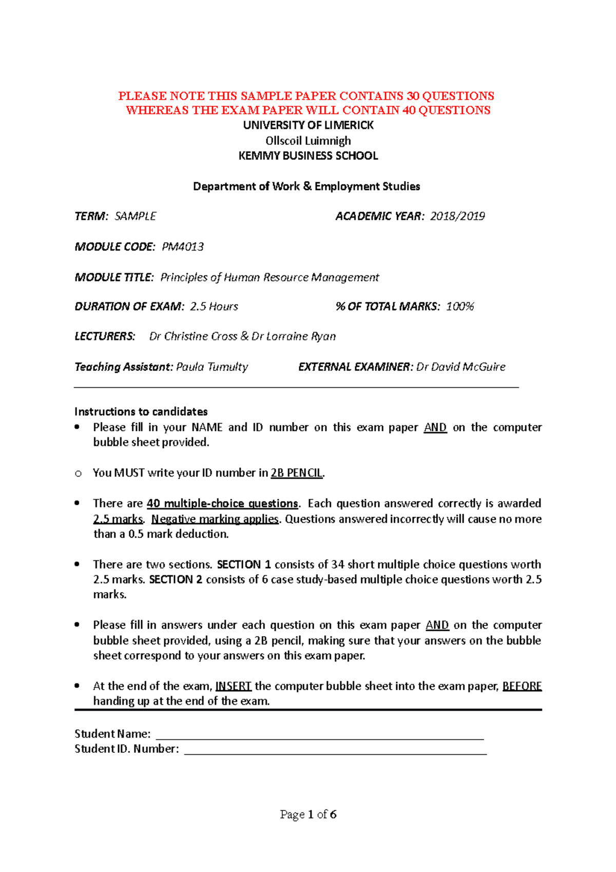 Answers Sample Exam Paper - PLEASE NOTE THIS SAMPLE PAPER CONTAINS 30 ...