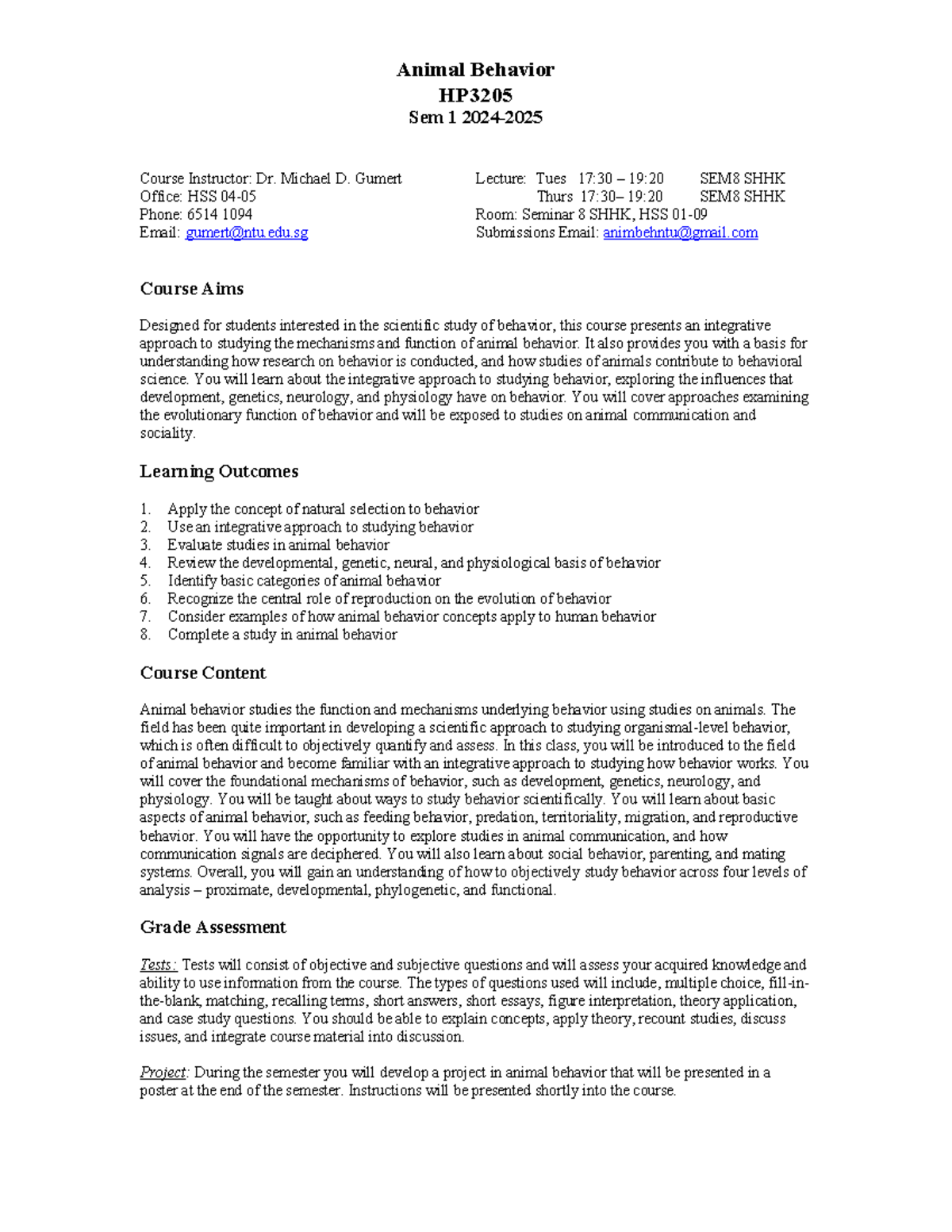 ANBE Syllabus 2024 25 S1 080524 - Animal Behavior HP Sem 1 2024- Course ...