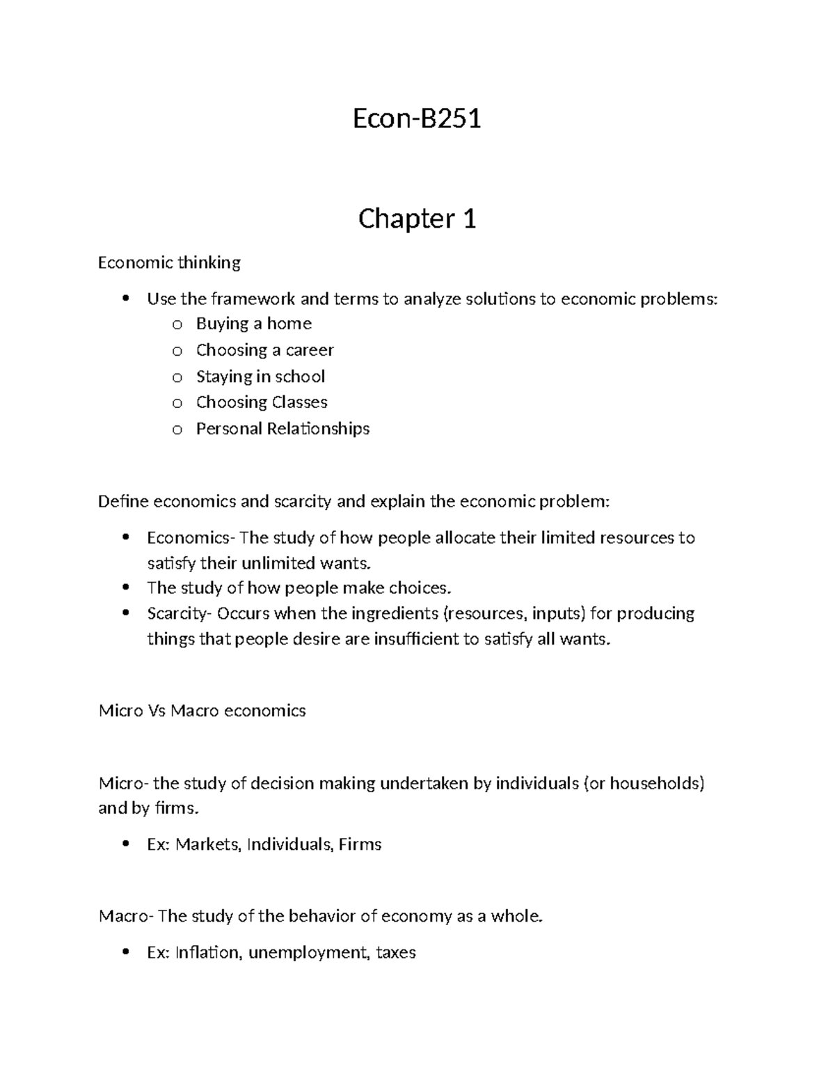 Econ-B251 Notes - Econ-B Chapter 1 Economic Thinking Use The Framework ...