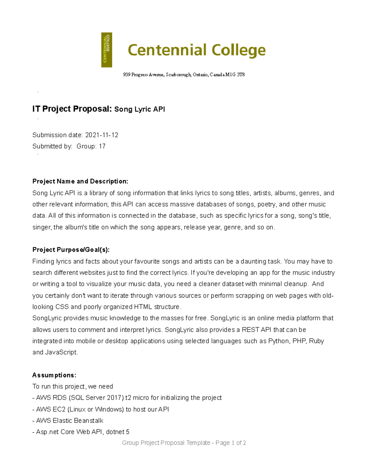 Proposal Song Lyrics API COMP 306 939 Progress Avenue, Scarborough