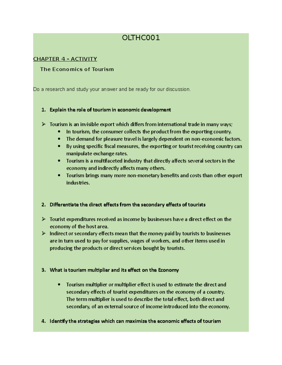 Olthc 001 Activity 4 - CHAPTER 4 - OLTHC CHAPTER 4 – ACTIVITY The ...