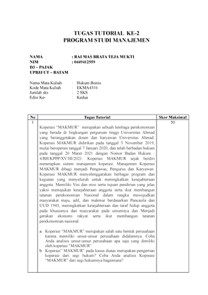 Tugas 1 - TUGAS TUTORIAL SESI 1 EKMA4316 / HUKUM BISNIS / 2 SKS PROGRAM ...