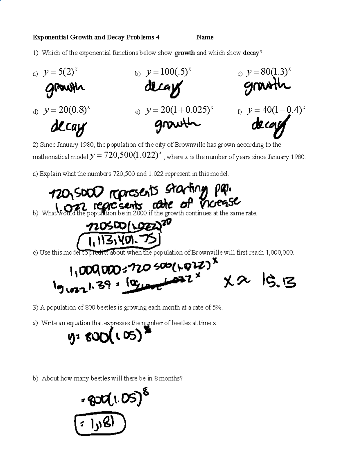 Exponential Growth and Decay Practice HW - Exponential Growth and Decay ...