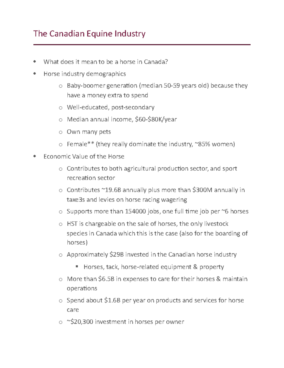 AGR2350 Canadian Equine Industry The Canadian Equine Industry What