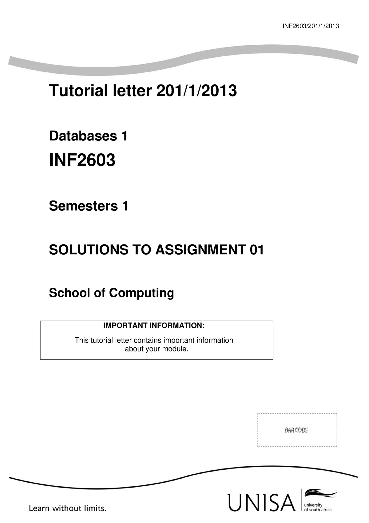 Sem1 Assign 1 Solutions - INF2603/201/1/ Tutorial Letter 201/1 ...