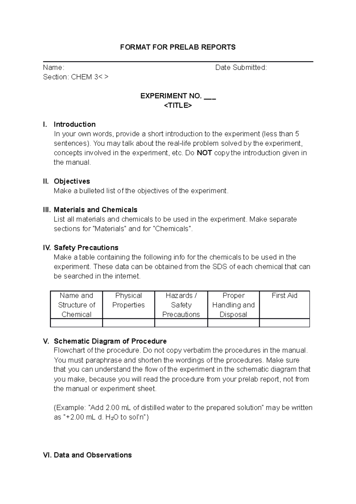 CHEM 3 Laboratory Report - FORMAT FOR PRELAB REPORTS Name: Date ...