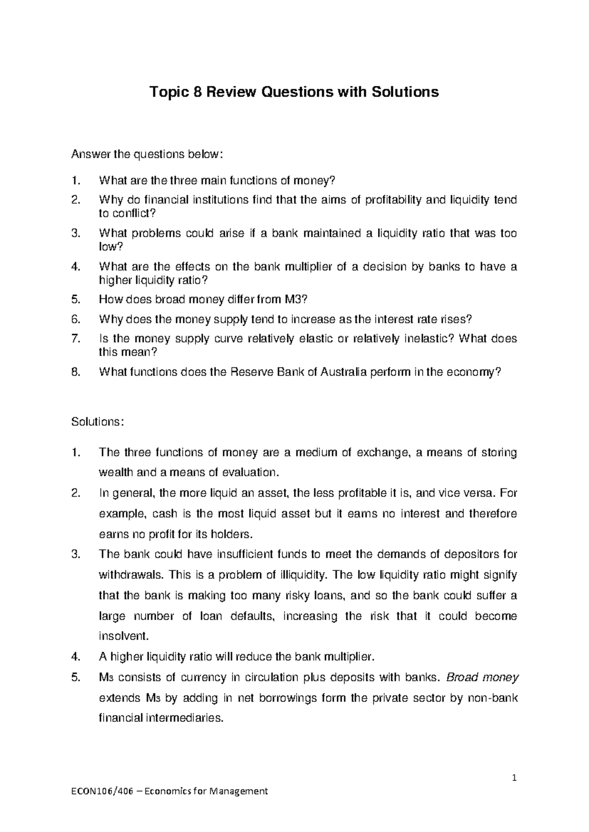 Topic 8 Review Questions with Solutions - 1 ECON 1 06/ 406 – Economics ...