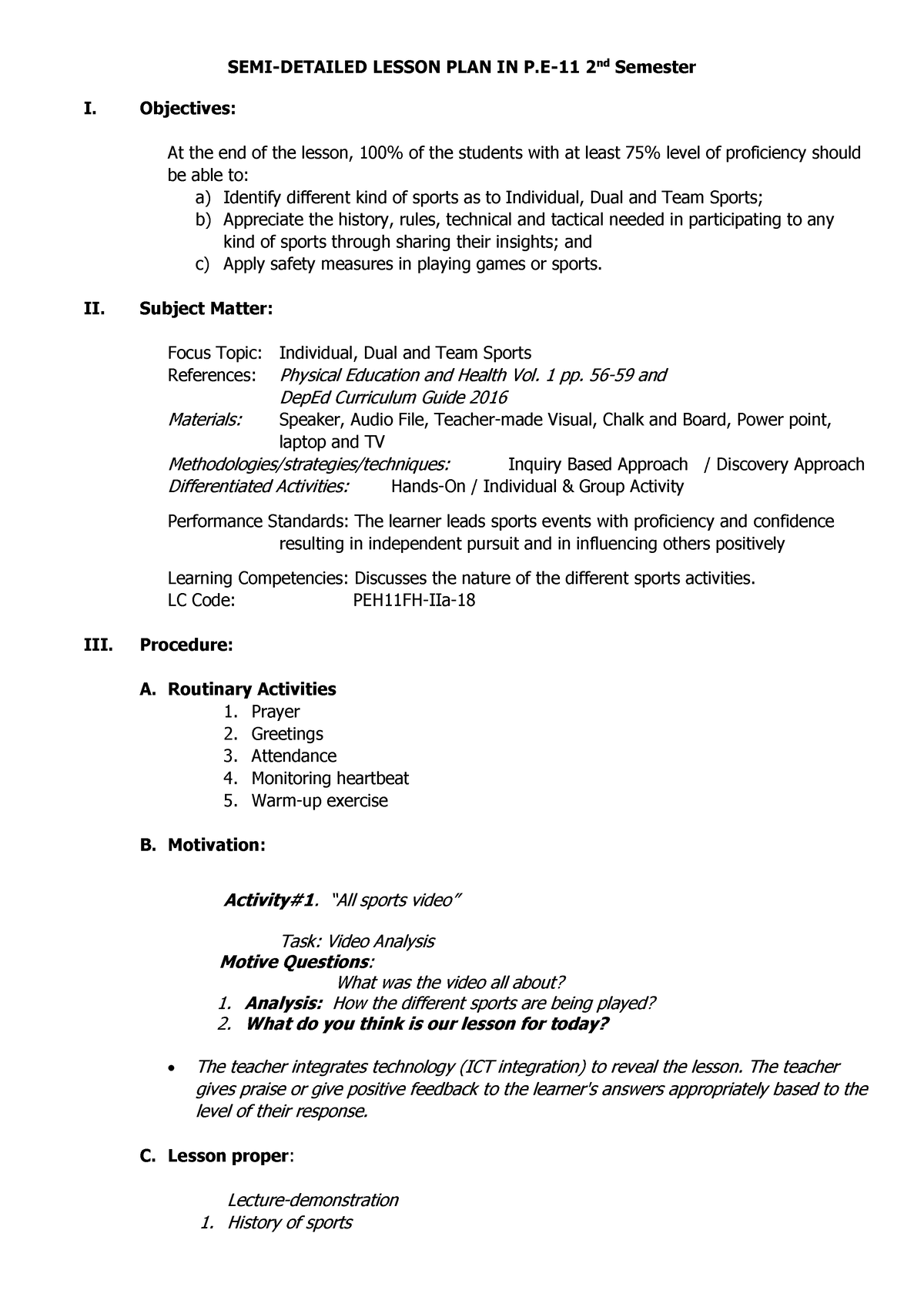 LESSON PLAN PHYSICAL EDUCATION . SPORTS OFFICIATING - SEMI-DETAILED ...