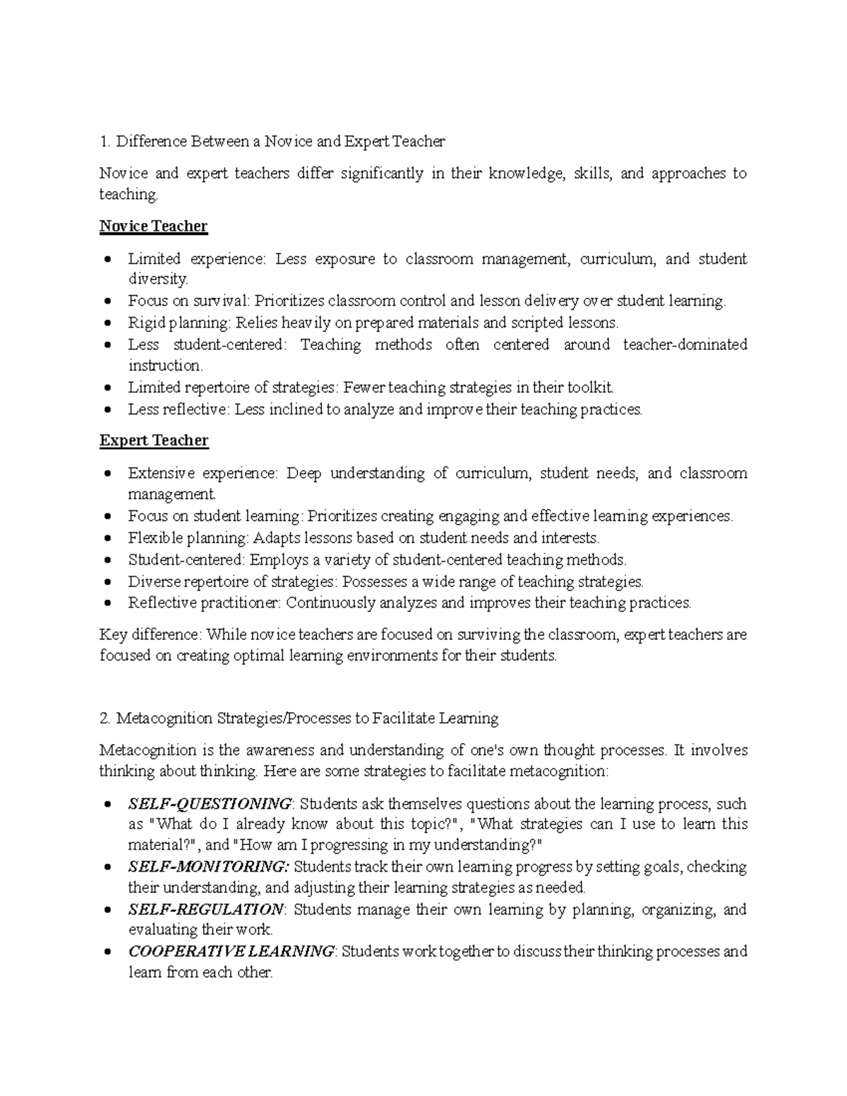 PTCP Assignment - Difference Between a Novice and Expert Teacher Novice ...