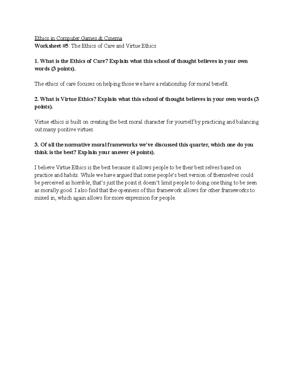 Ethics Worksheet No. 5 - Ethics in Computer Games & Cinema Worksheet #5 ...