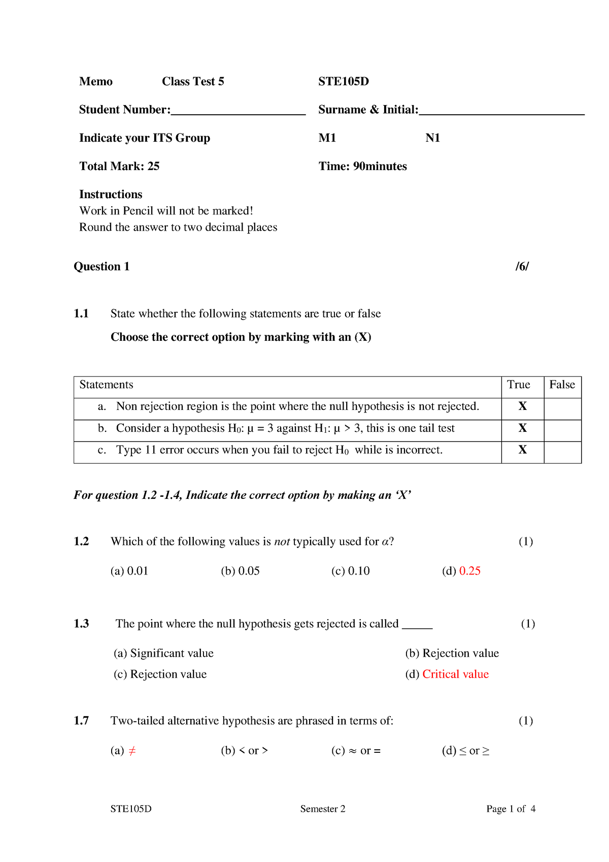 STE105D Class Test 5 Memo - STE105D Semester 2 Page 1 Of 4 Memo Class ...