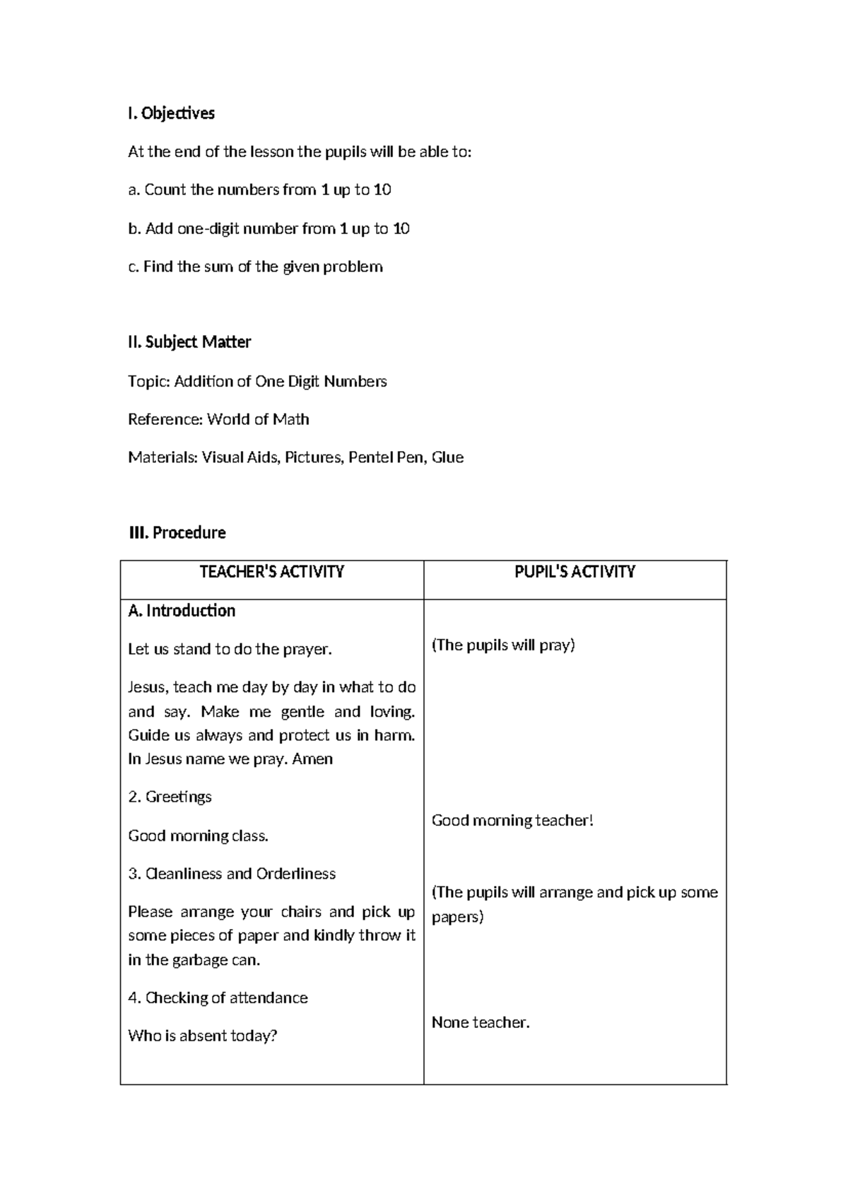 Mathematics Lesson Plan. English Language (Eng-101) In Elementary ...