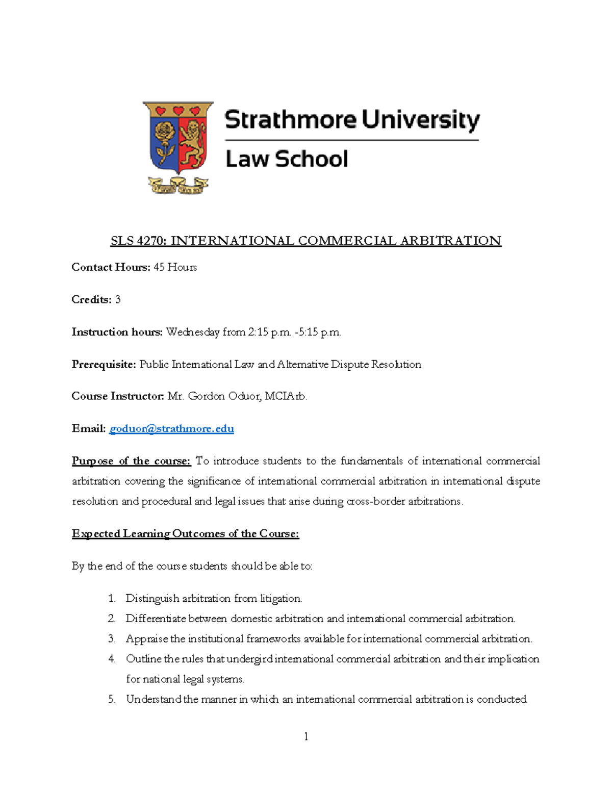 Course Outline (Draft 1) - International Commercial Arbitration - SLS ...