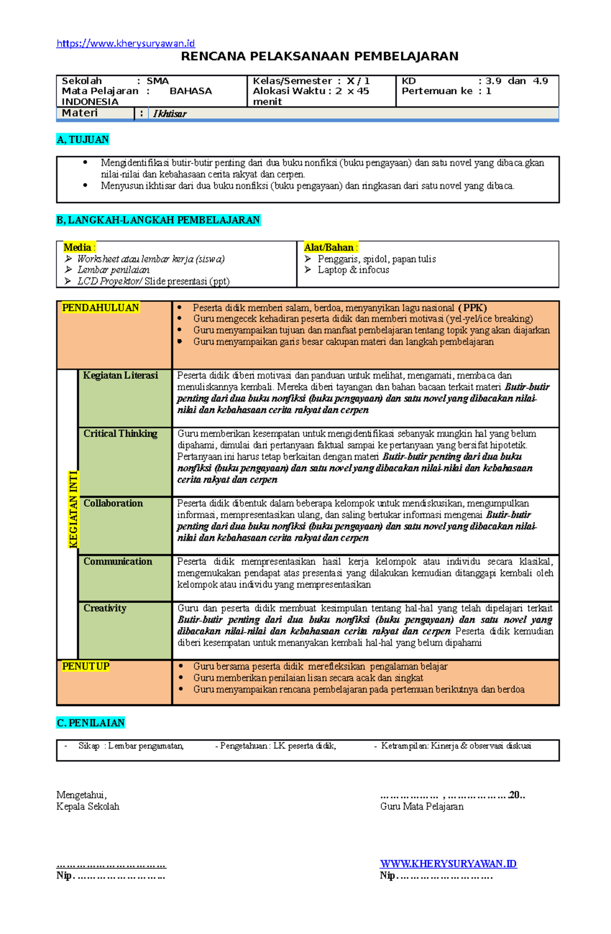 RPP 9, Ikhtisar (www - RPP Bahasa Indonesia - RENCANA PELAKSANAAN ...