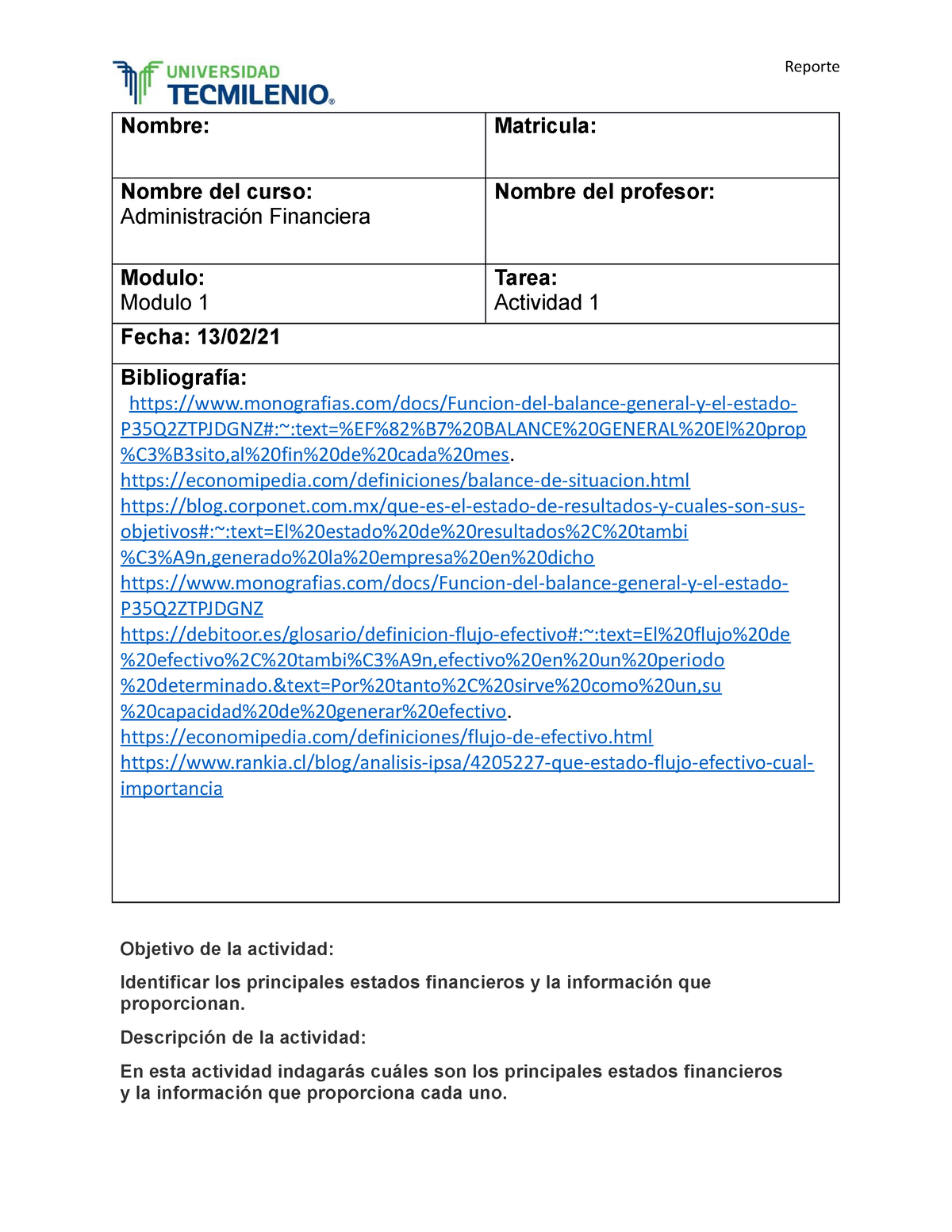 Actividad 1 - Administración Financiera - TecMilenio - Studocu