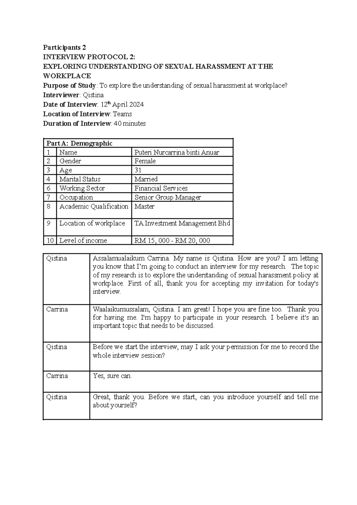 P2 (Qistina) - Participants 2 INTERVIEW PROTOCOL 2: EXPLORING ...
