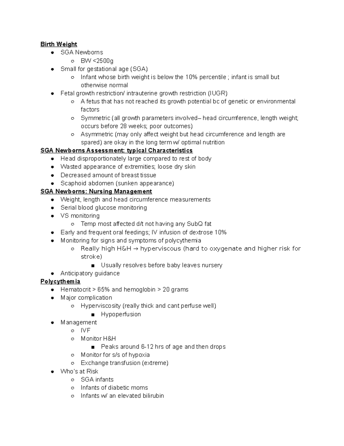 OB High Risk Infant and Complications - Birth Weight SGA Newborns BW